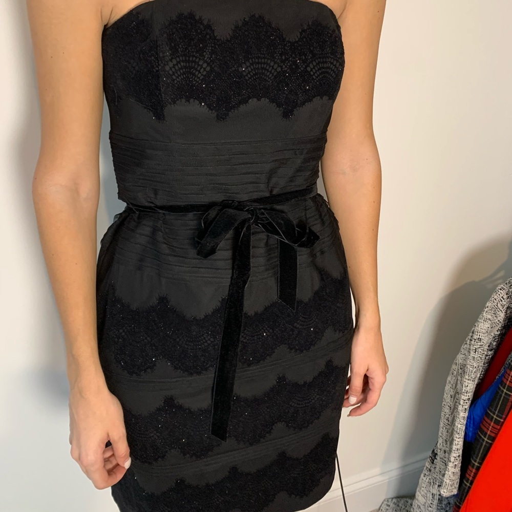 White House Black Market Strapless Black Dress lace overlay velvet bow. 6